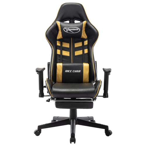 Cadeira de gaming com apoio de pés pele sintética preta e dourada