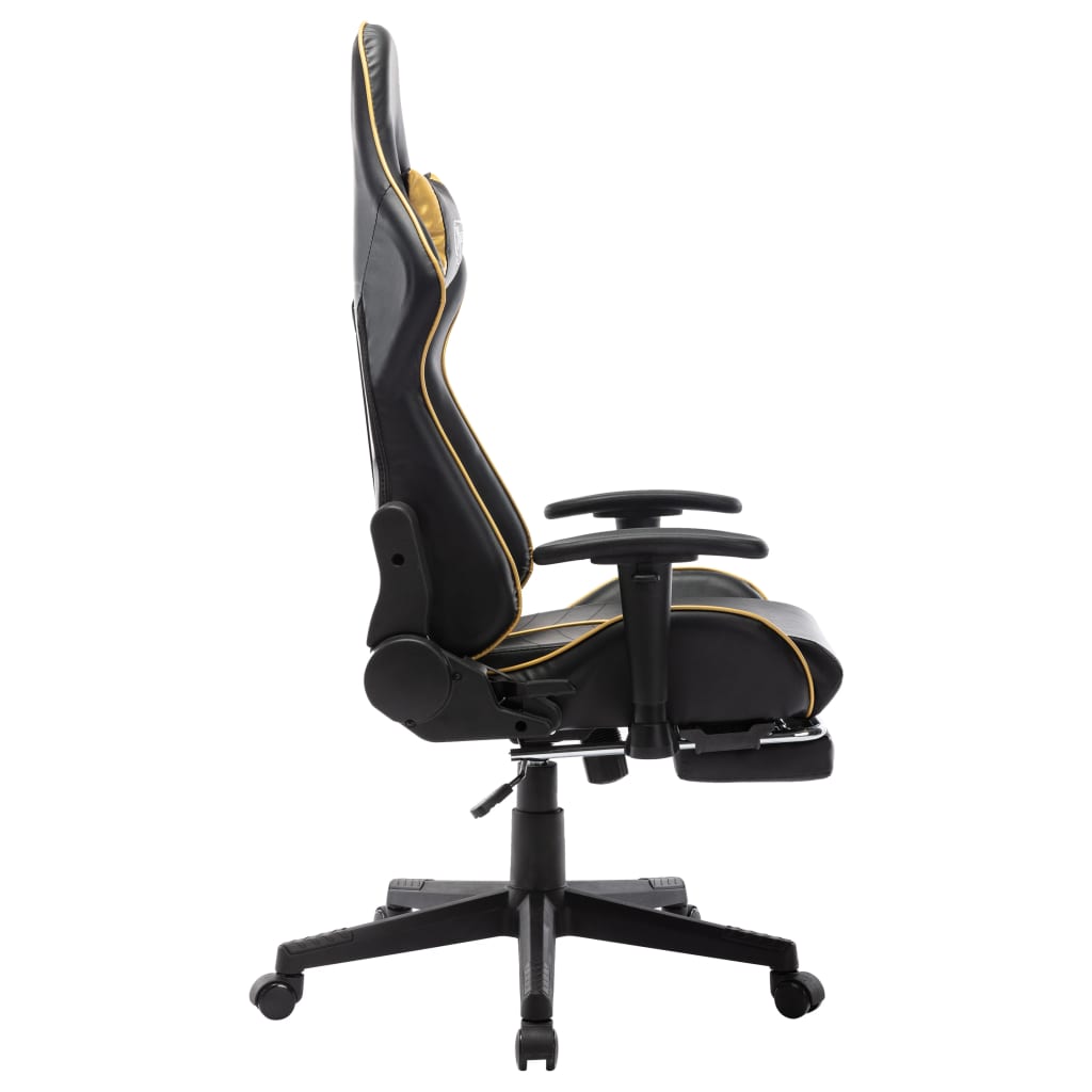 Silla de gaming con reposapiés cuero sintético negro y dorado