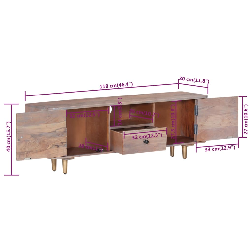 Mueble de TV de madera maciza de acacia 118x30x40 cm
