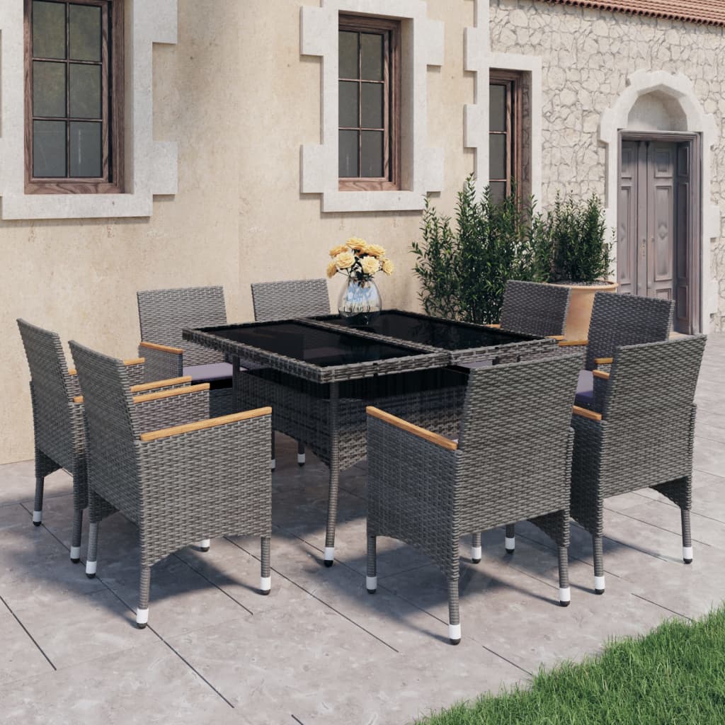 Conjunto de jantar de jardim 9 peças vime PE e madeira acácia cinzento