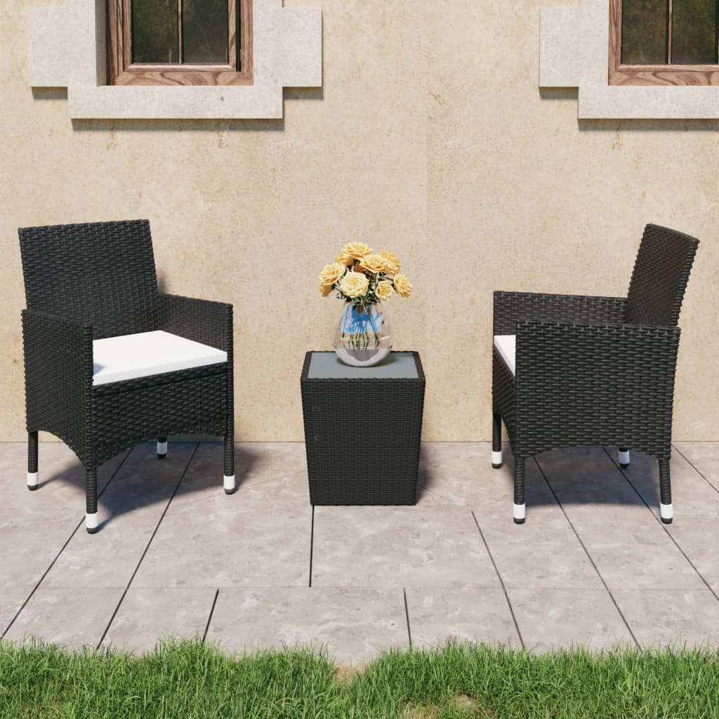 Mesa e cadeiras de jardim 3 pçs vime PE vidro temperado castanho