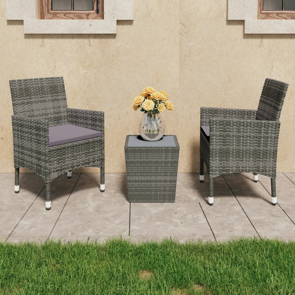 Mesa e cadeiras de jardim 3 pçs vime PE vidro temperado castanho