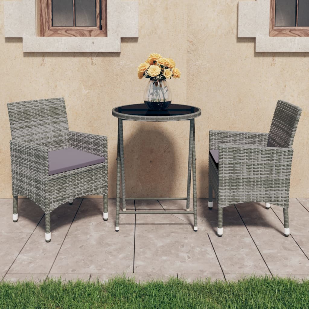 Mesa e cadeiras de jardim, 3 peças, vime sintético e madeira de acácia, preto