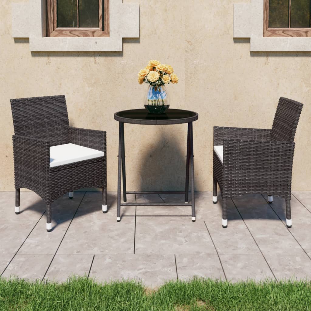 Mesa e cadeiras de jardim, 3 peças, vime sintético e madeira de acácia, preto