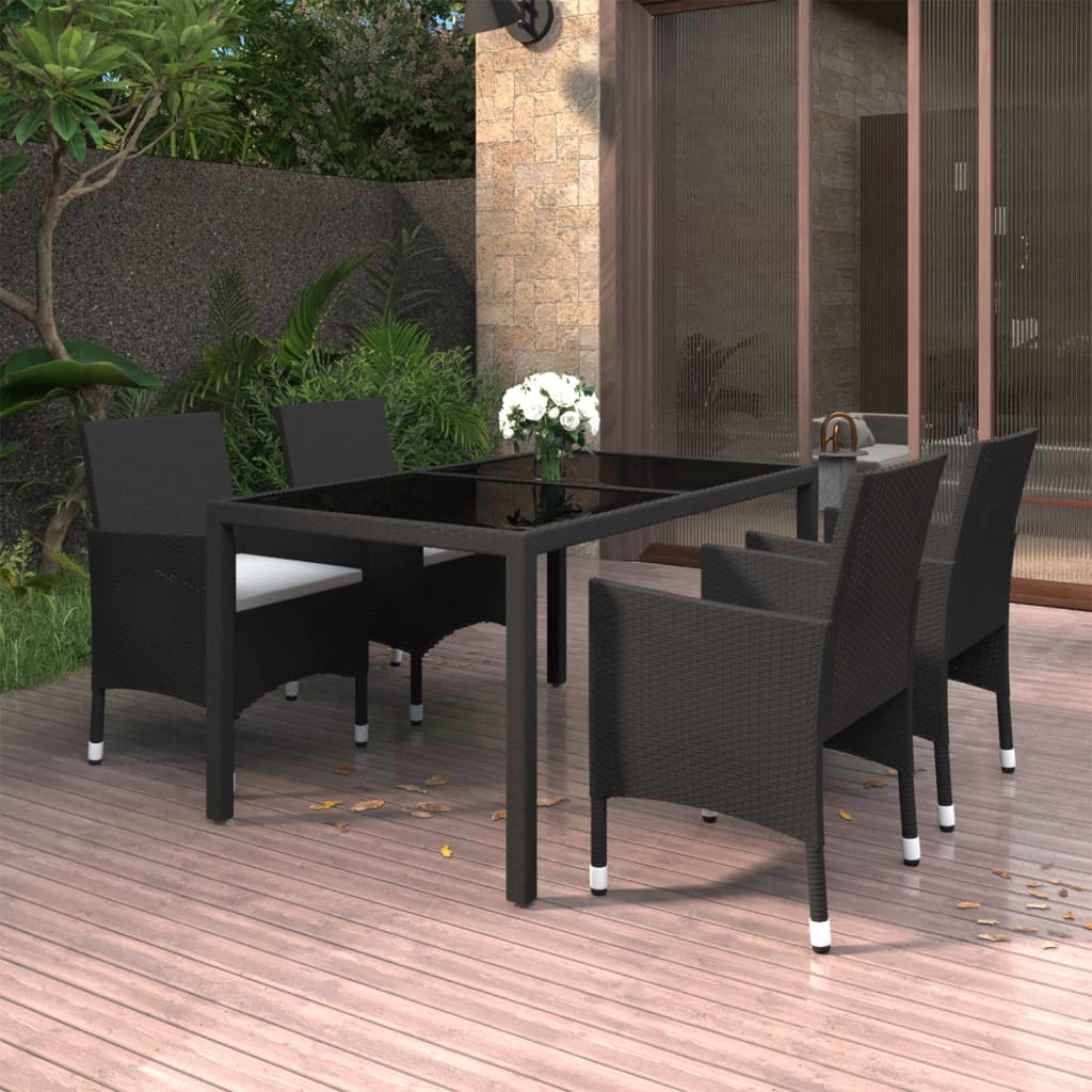 Conjunto de jantar de jardim 5 peças vime PE vidro temperado preto