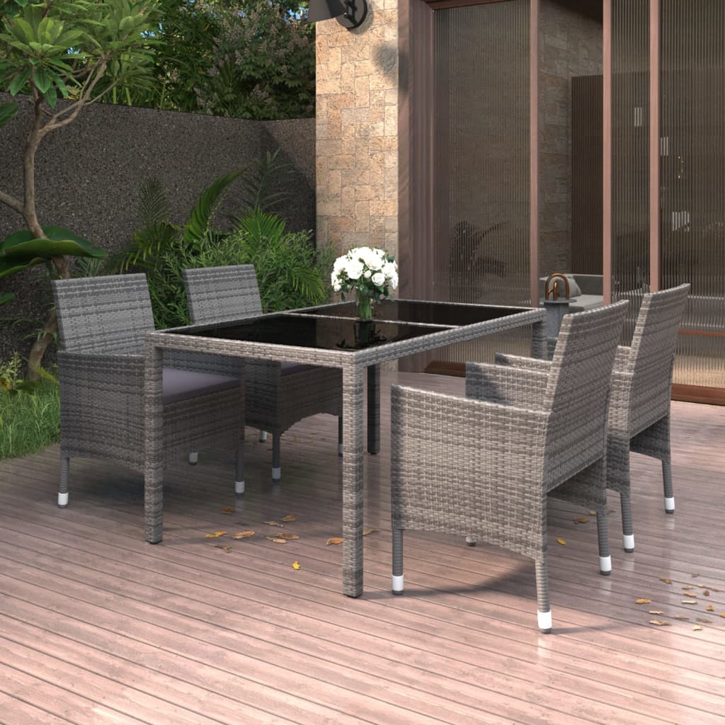 Conjunto de jantar de jardim 5 peças vime PE vidro temperado preto