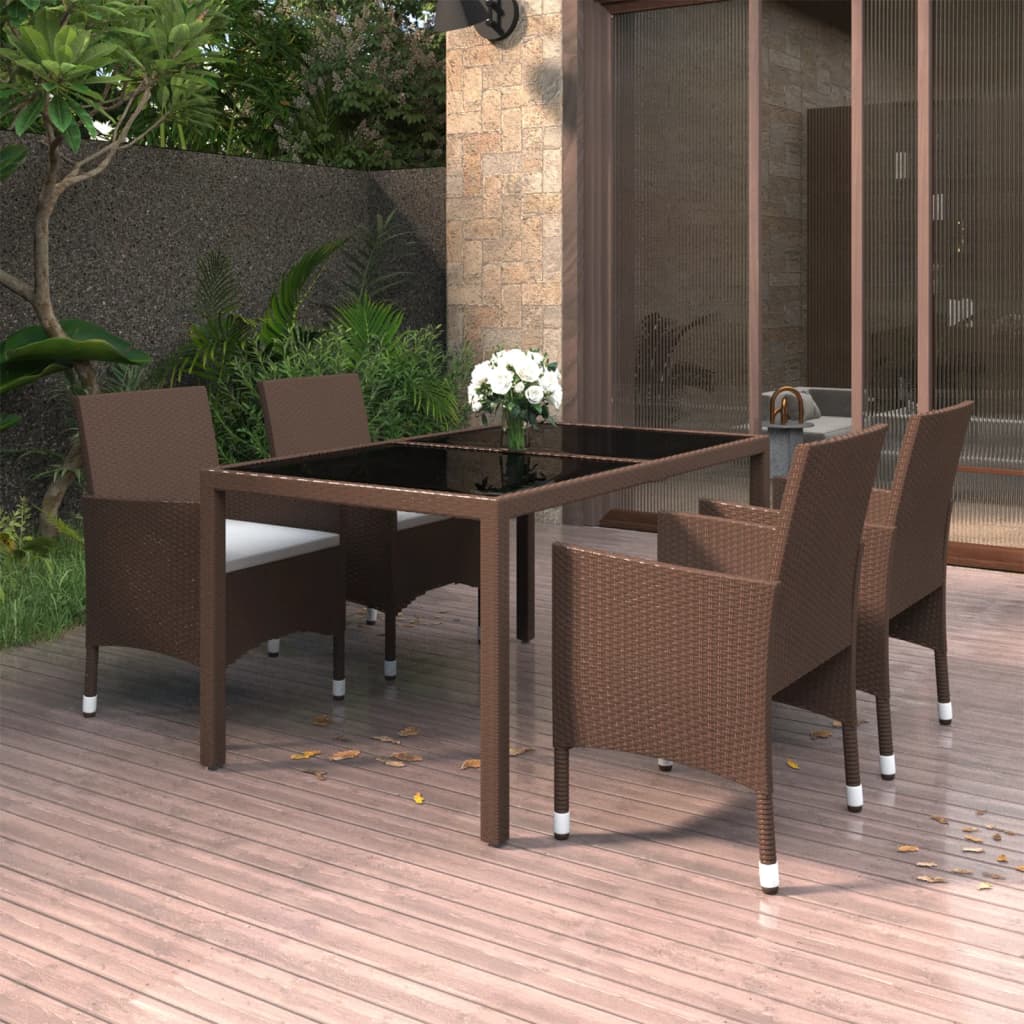 Conjunto de jantar de jardim 5 peças vime PE vidro temperado preto
