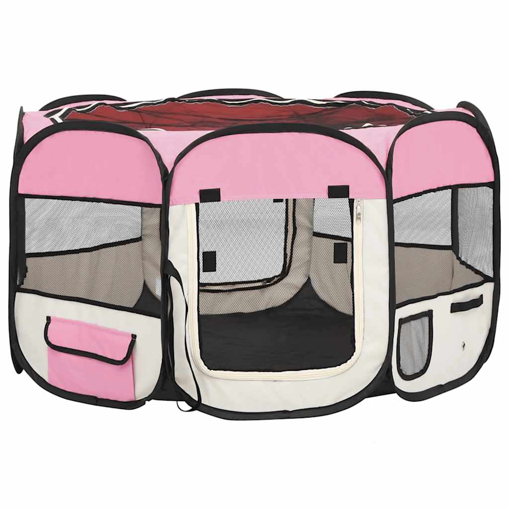 Parque de perros plegable y bolsa transporte rosa 110x110x58cm