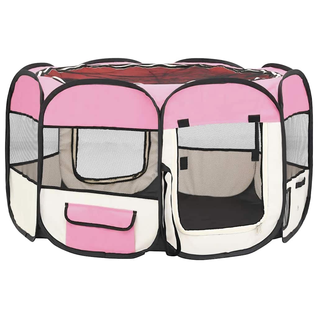 Parque de perros plegable y bolsa transporte rosa 110x110x58cm
