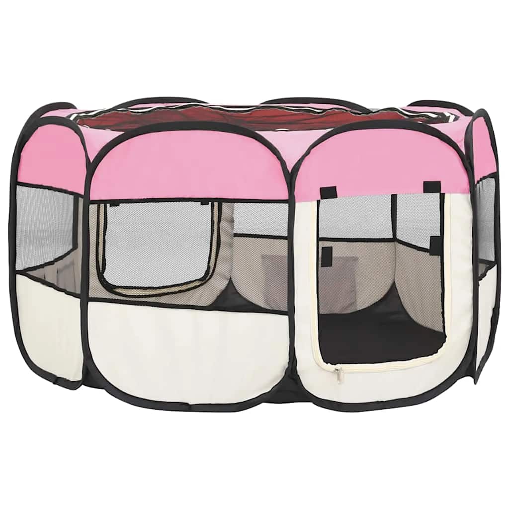 Parque de perros plegable y bolsa transporte rosa 110x110x58cm