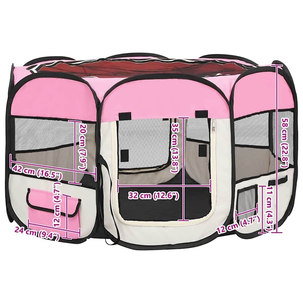 Parque de perros plegable y bolsa transporte rosa 110x110x58cm