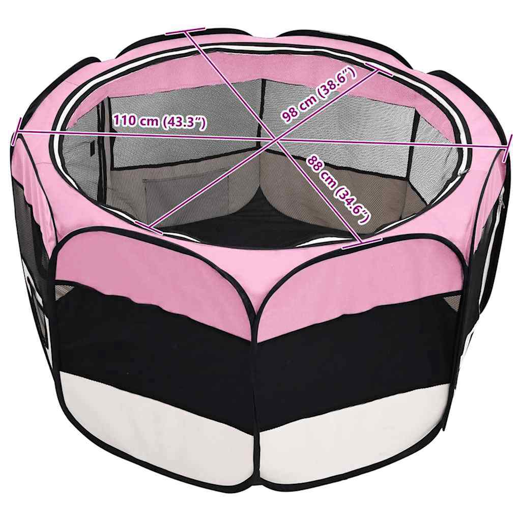 Parque de perros plegable y bolsa transporte rosa 110x110x58cm