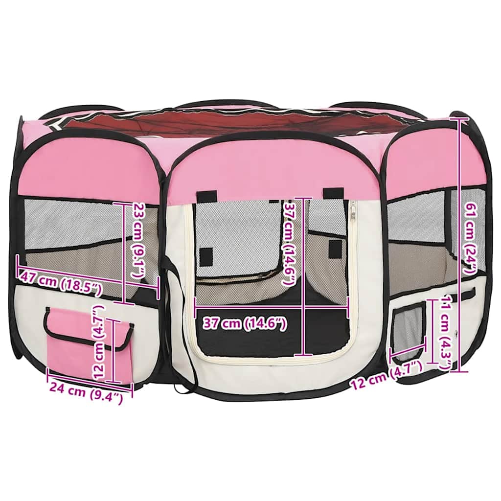 Parque de perros plegable y bolsa transporte rosa 125x125x61cm