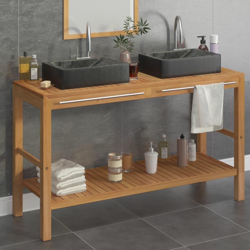 Mueble tocador madera teca maciza con lavabo de mármol crema