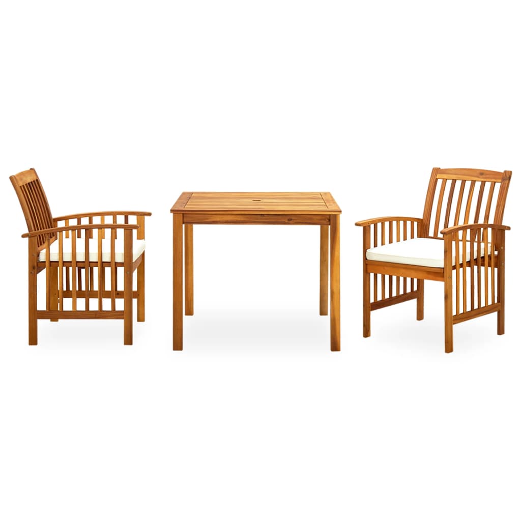 Set comedor de jardín 3 pzas y cojines madera maciza de acacia