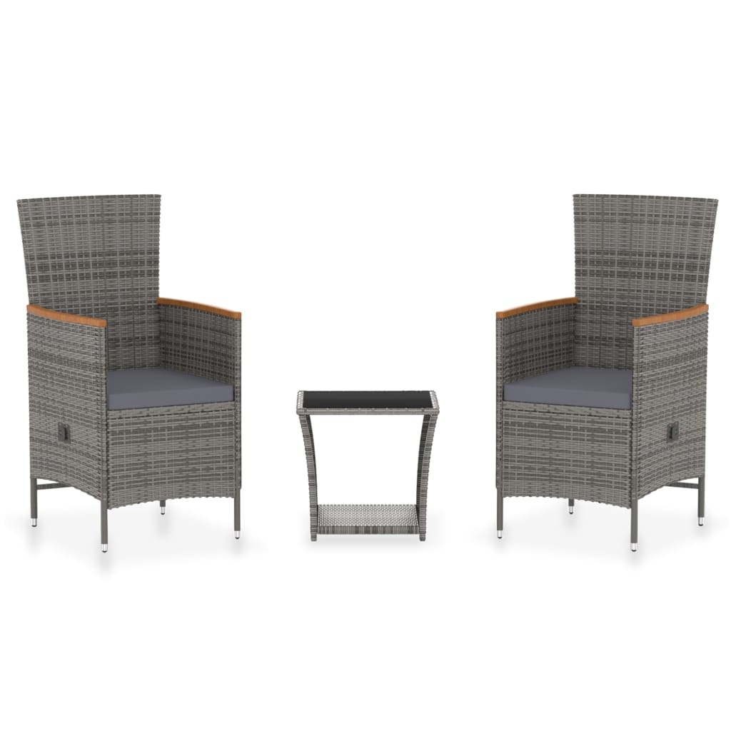 Set de muebles de jardín 3 pzas y cojines ratán sintético gris