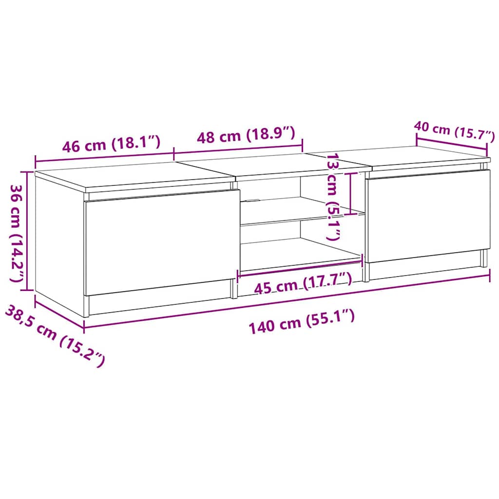 Mueble de TV con luces LED gris hormigón 140x40x36 cm