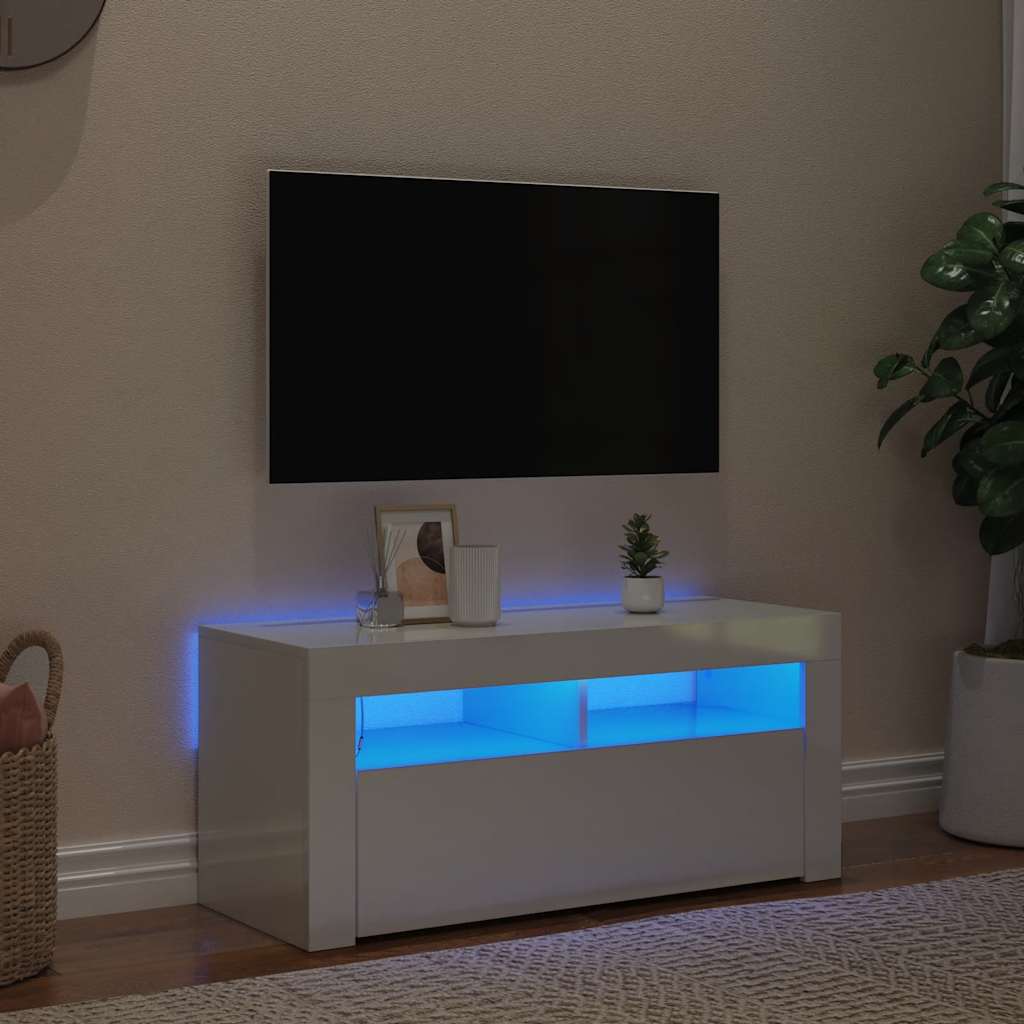 Mueble de TV con luces LED blanco brillante 90x35x40 cm
