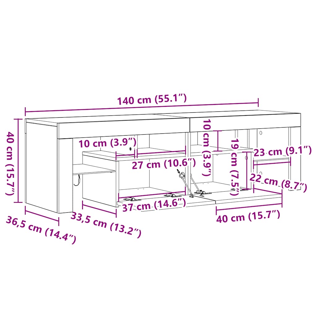 Mueble de TV con luces LED negro 140x36,5x40 cm