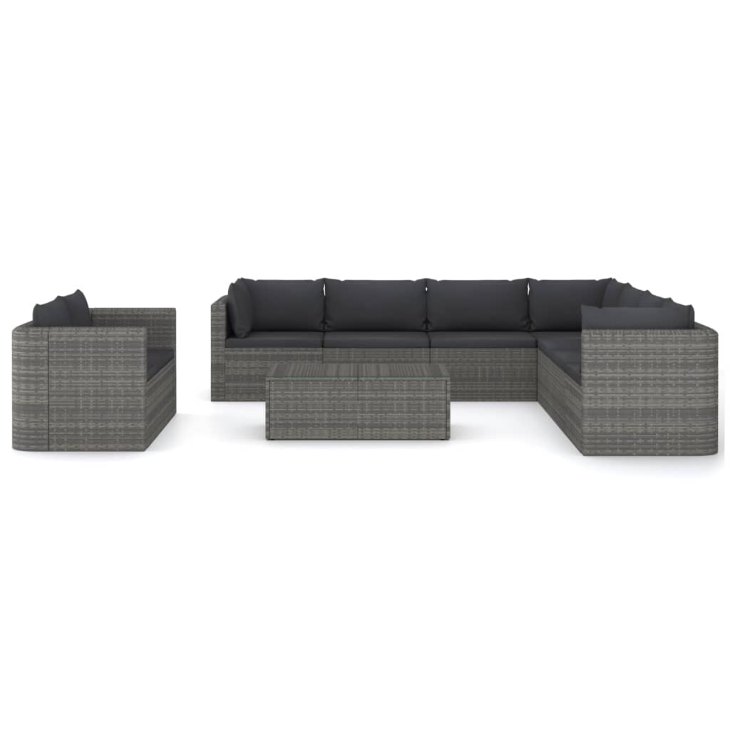 Set de muebles de jardín 10 pzas y cojines ratán sintético gris