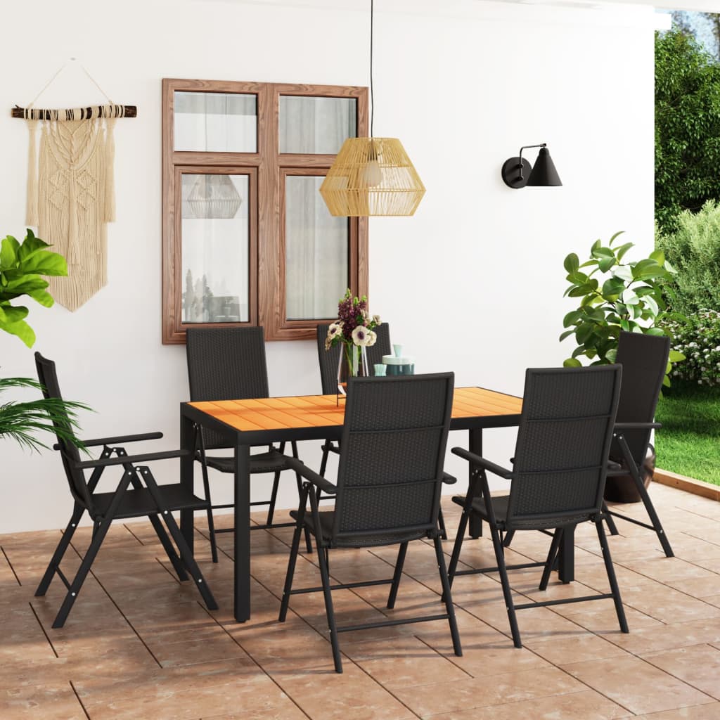 Juego de comedor de jardín 7 piezas negro y marrón