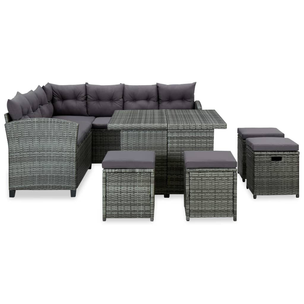 Set de muebles de jardín 6 pzas y cojines ratán sintético gris