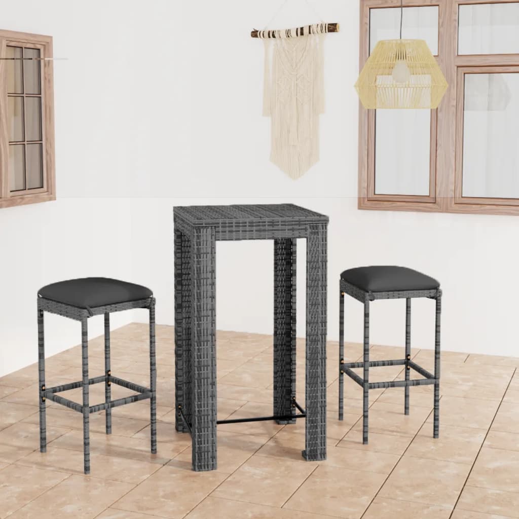 Conjunto de bar para jardín 3 piezas ratán sintético gris