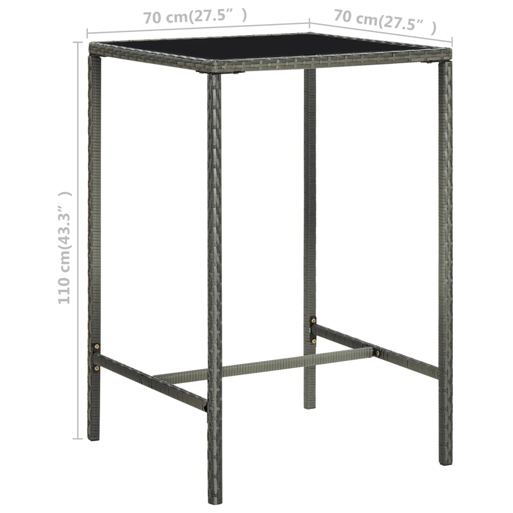 Mesa y taburetes altos jardín 3 piezas ratán sintético gris