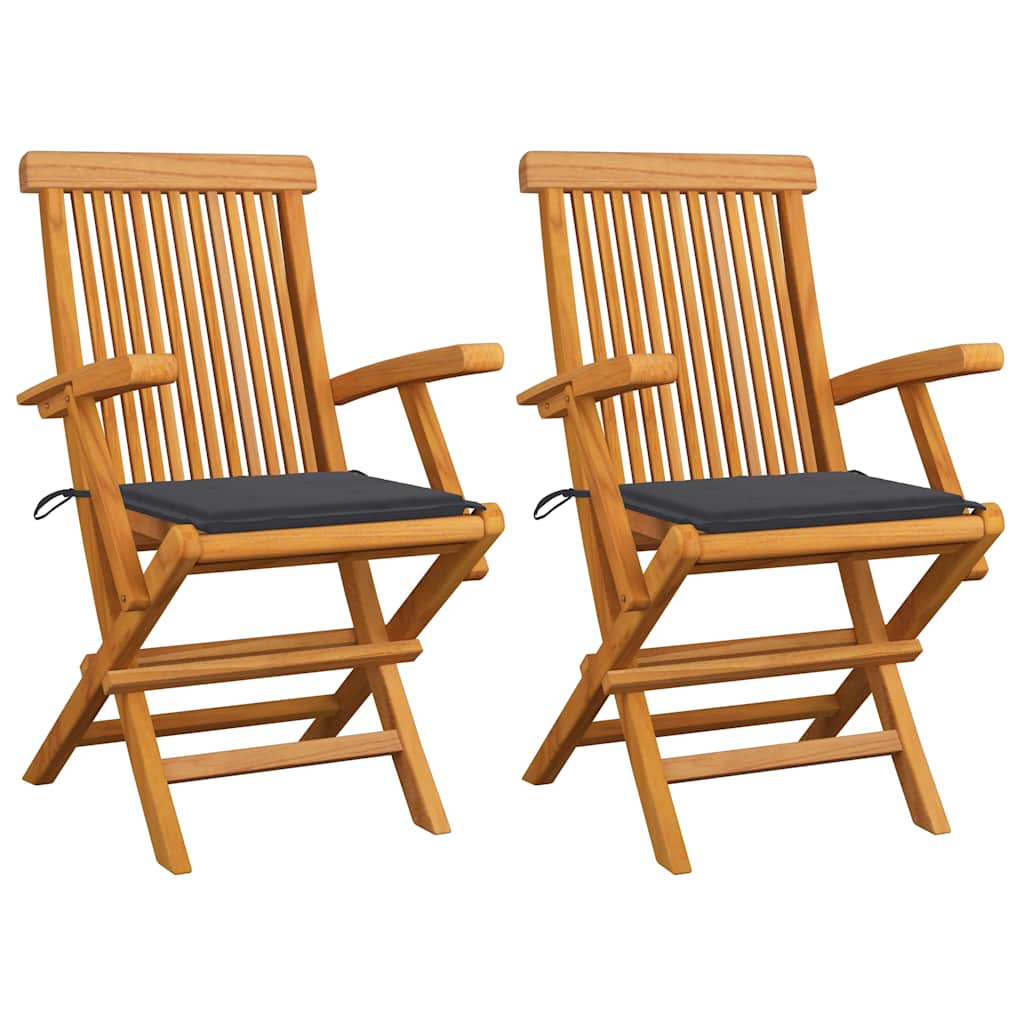 Garden chairs 2 pcs solid teak wood with grey cushions