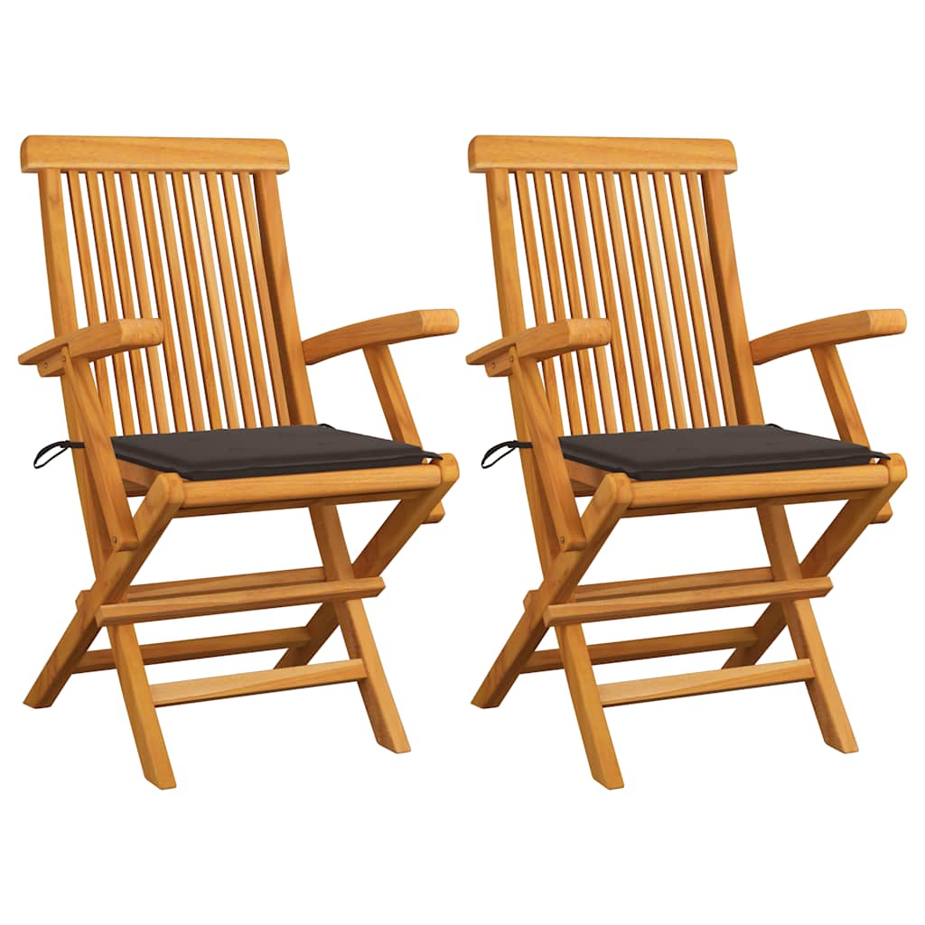 Garden chairs 2 pcs solid teak wood with grey cushions