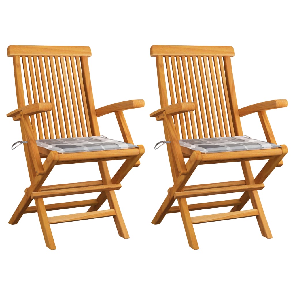 Garden chairs 2 pcs solid teak wood with grey cushions