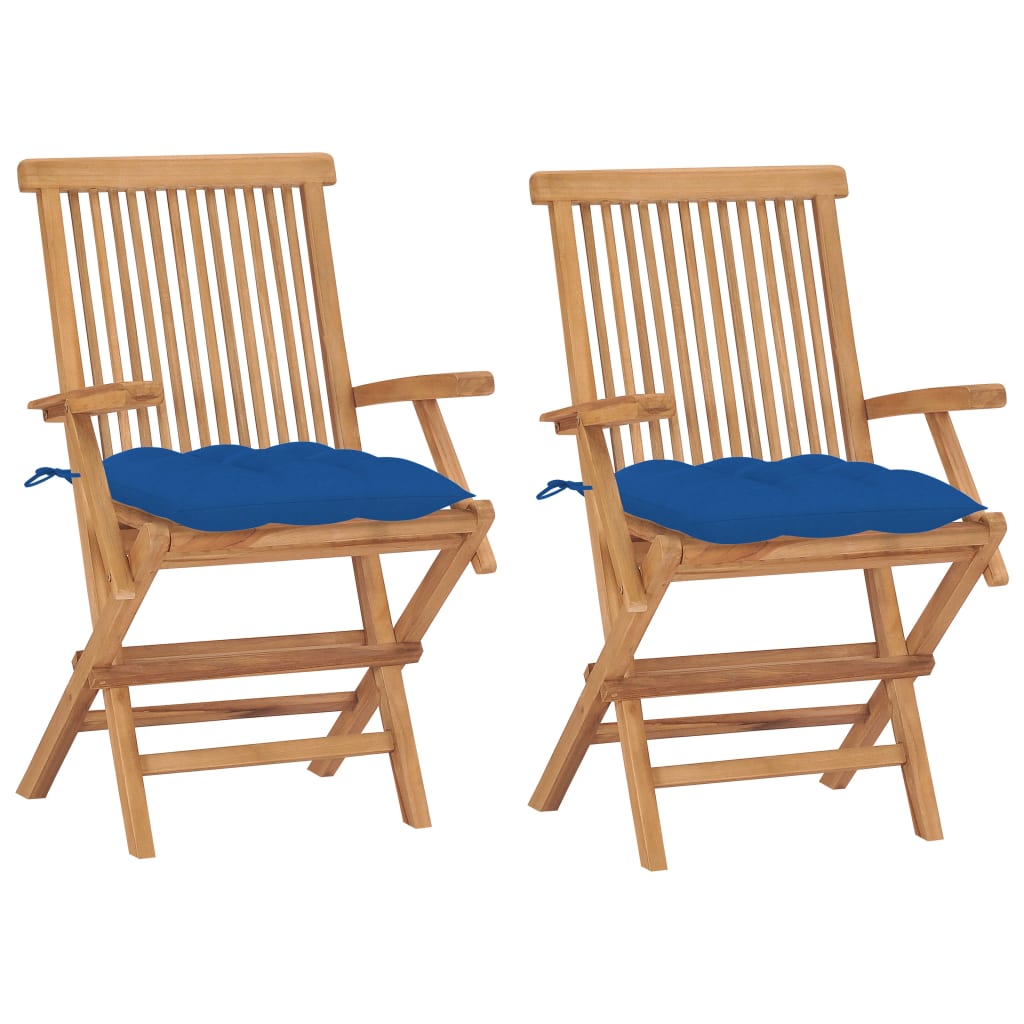 Garden chairs 2 pcs solid teak wood with blue cushions