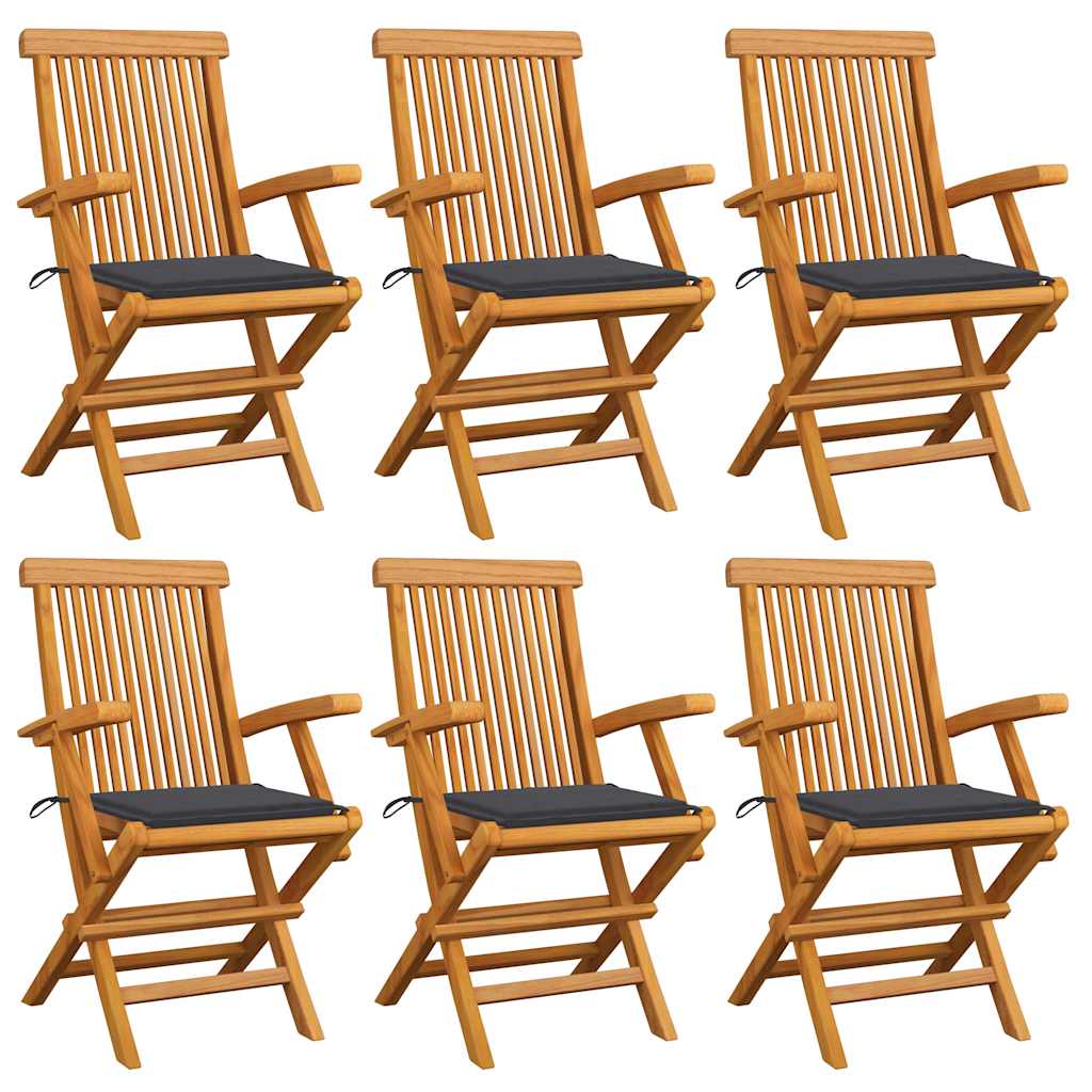 Garden chairs 6 pcs teak wood with grey plaid cushions