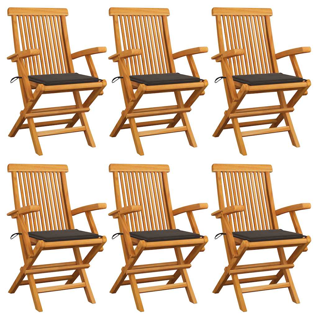 Garden chairs 6 pcs teak wood with grey plaid cushions