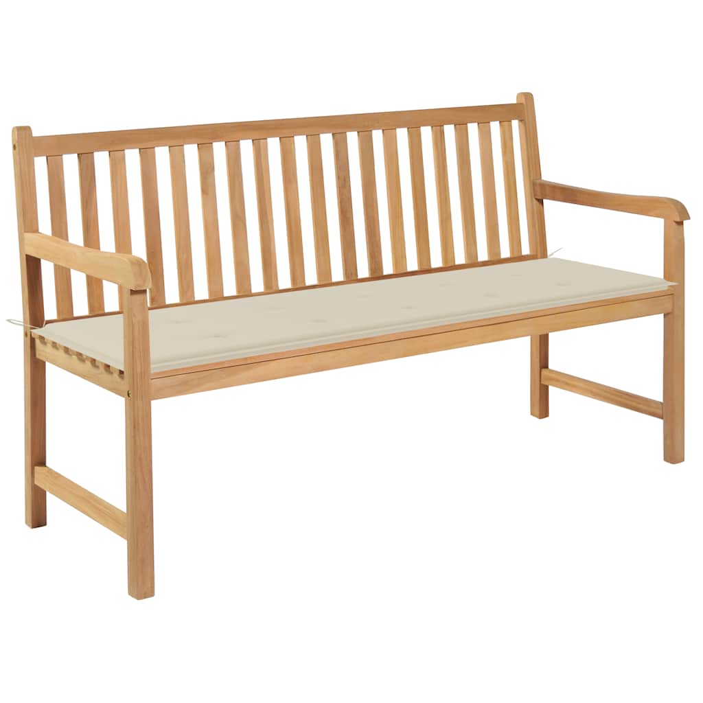 Banco de jardín madera de teca con cojín a cuadros gris 150 cm