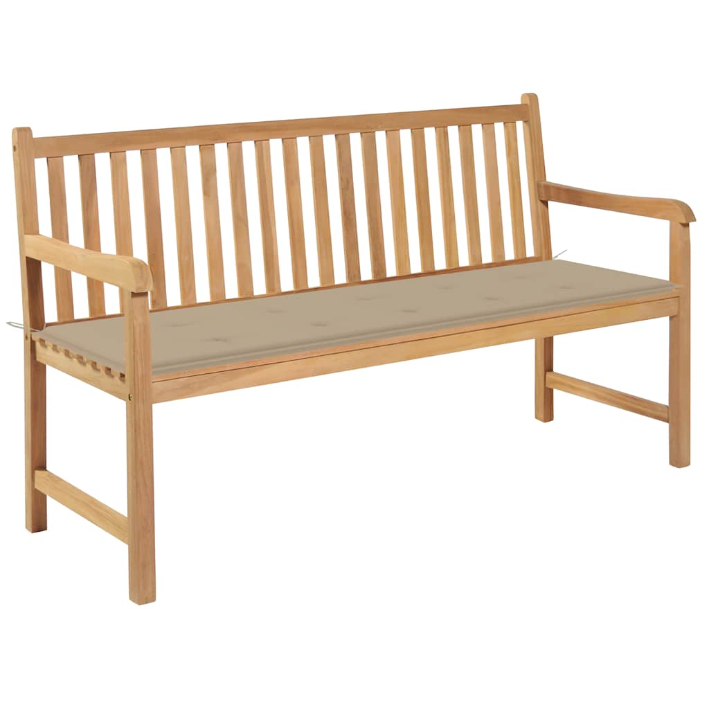 Banco de jardín madera de teca con cojín a cuadros gris 150 cm