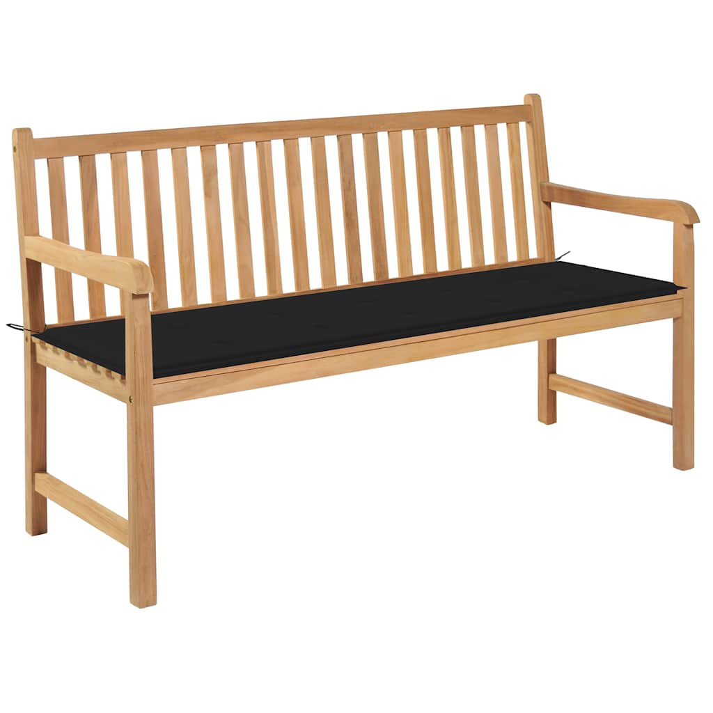 Banco de jardín madera de teca con cojín a cuadros gris 150 cm