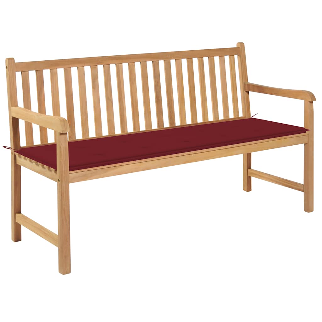 Banco de jardín madera de teca con cojín a cuadros gris 150 cm