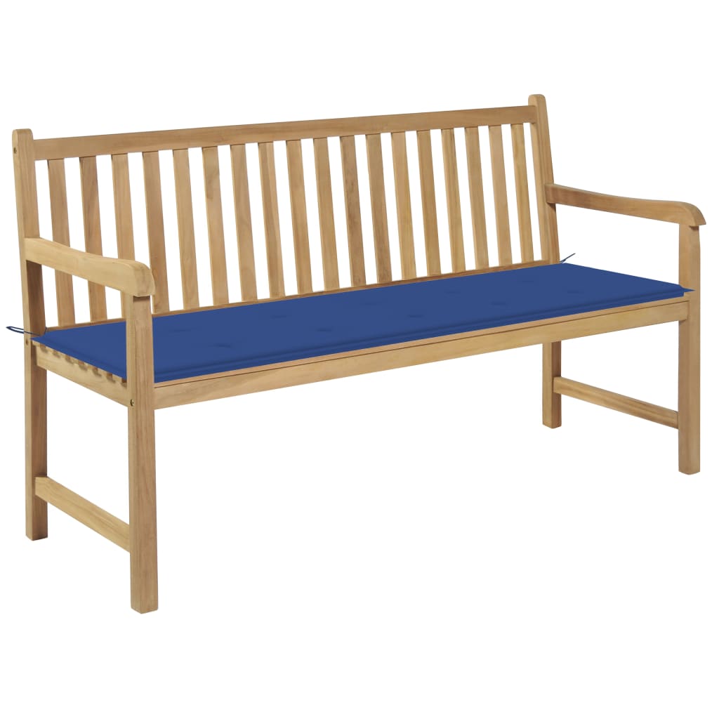 Banco de jardín madera de teca con cojín a cuadros gris 150 cm