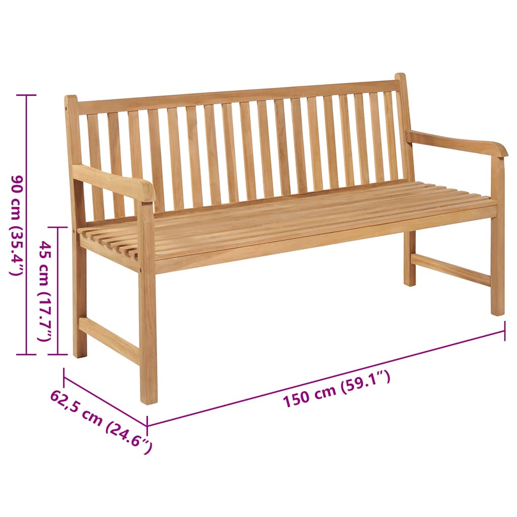 Teak Garden Bench with Grey Plaid Cushion 150 cm