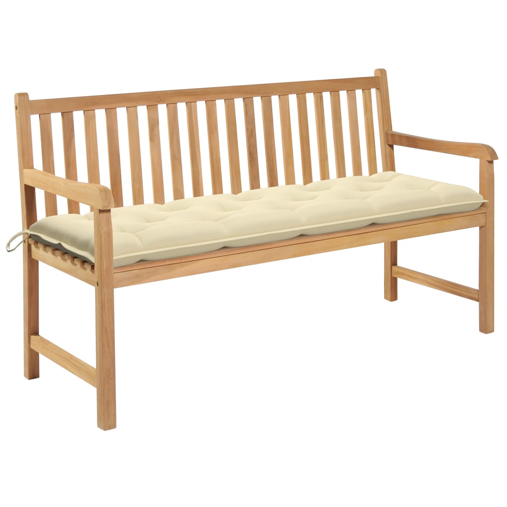 Banco de jardín madera de teca con cojín a cuadros gris 150 cm