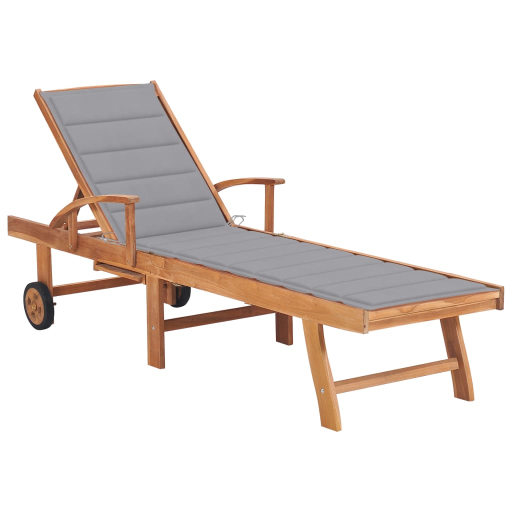 Sun Lounger with Gingham Cushion, Solid Teak Wood