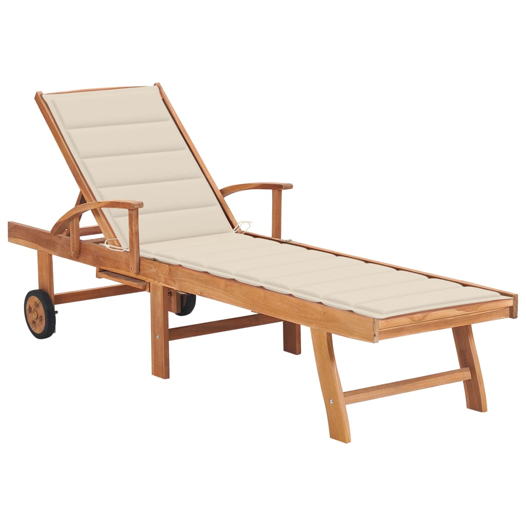 Sun Lounger with Gingham Cushion, Solid Teak Wood