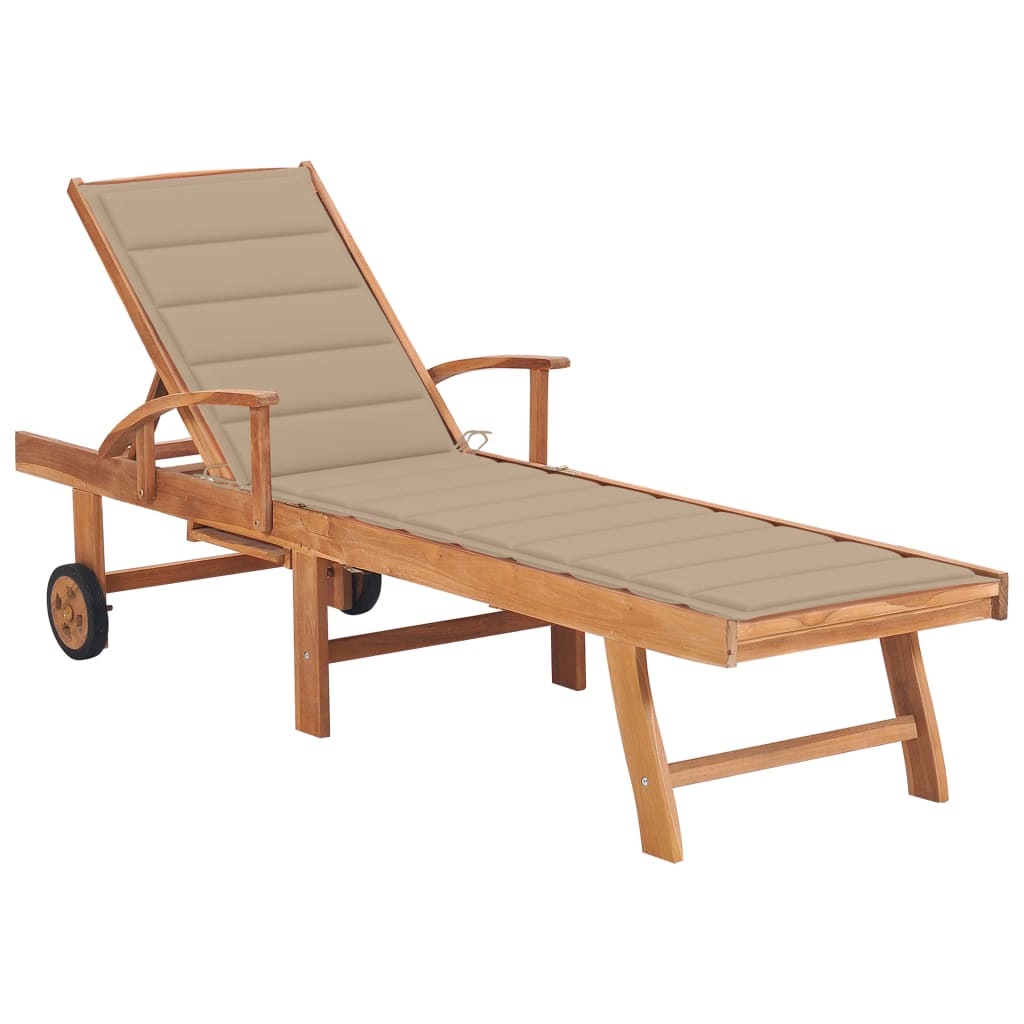 Sun Lounger with Gingham Cushion, Solid Teak Wood