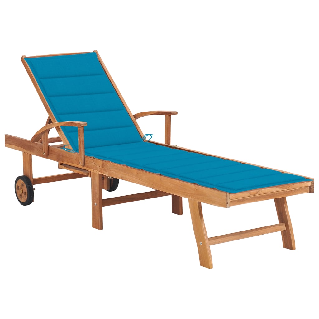 Sun Lounger with Gingham Cushion, Solid Teak Wood