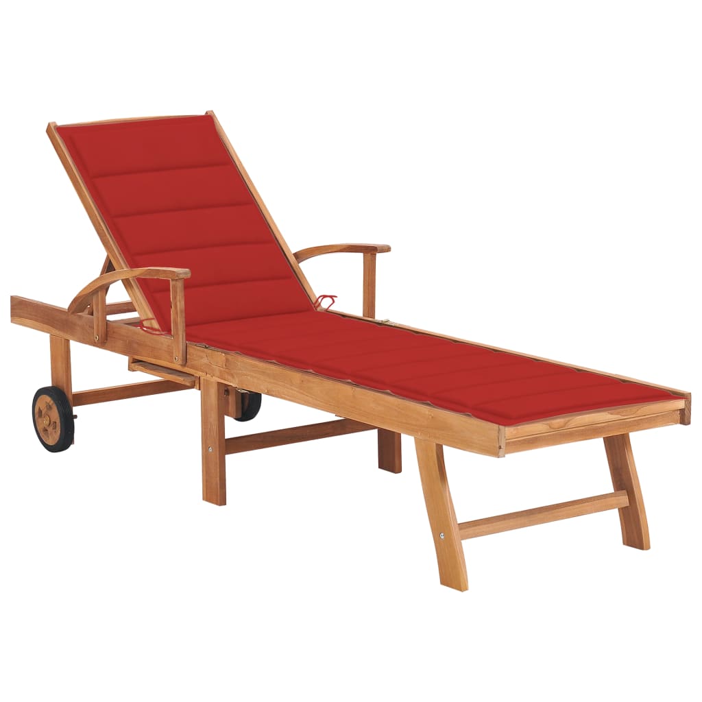 Sun Lounger with Gingham Cushion, Solid Teak Wood