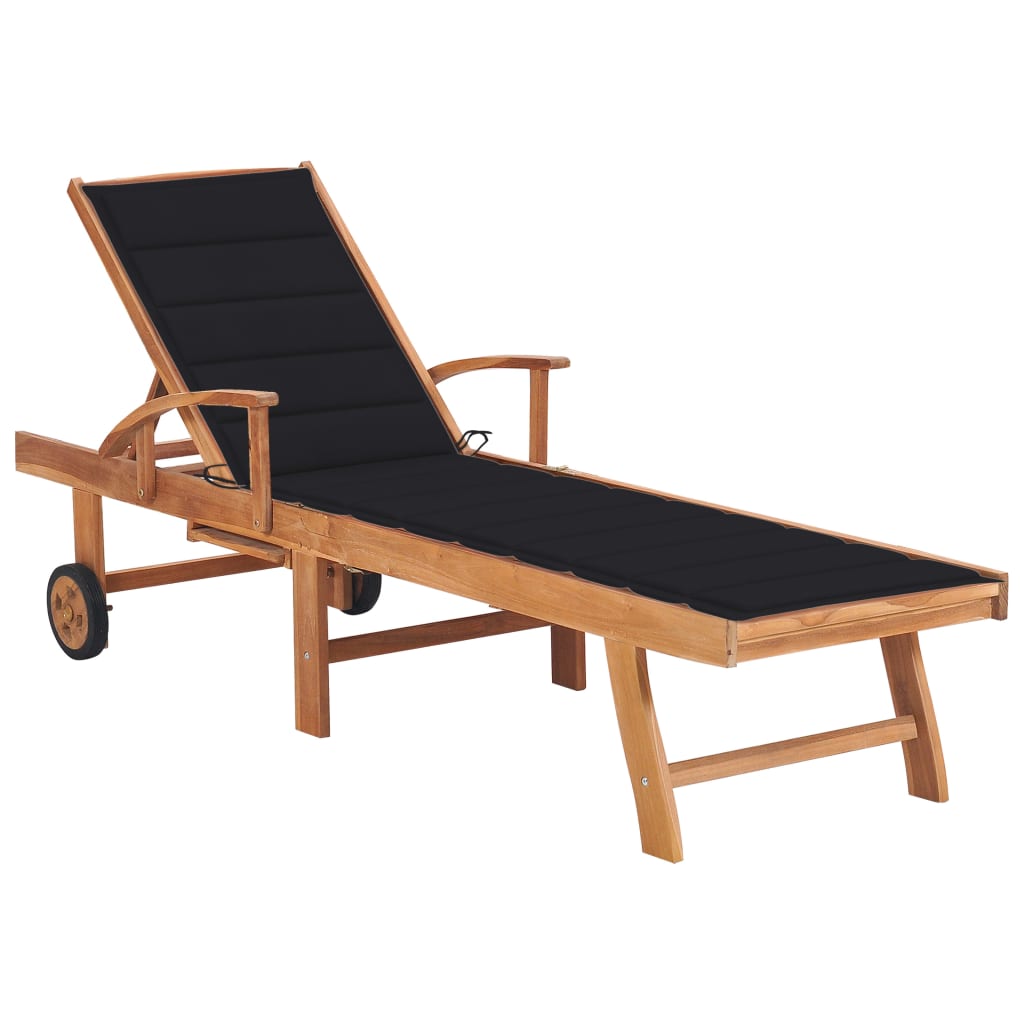 Sun Lounger with Gingham Cushion, Solid Teak Wood