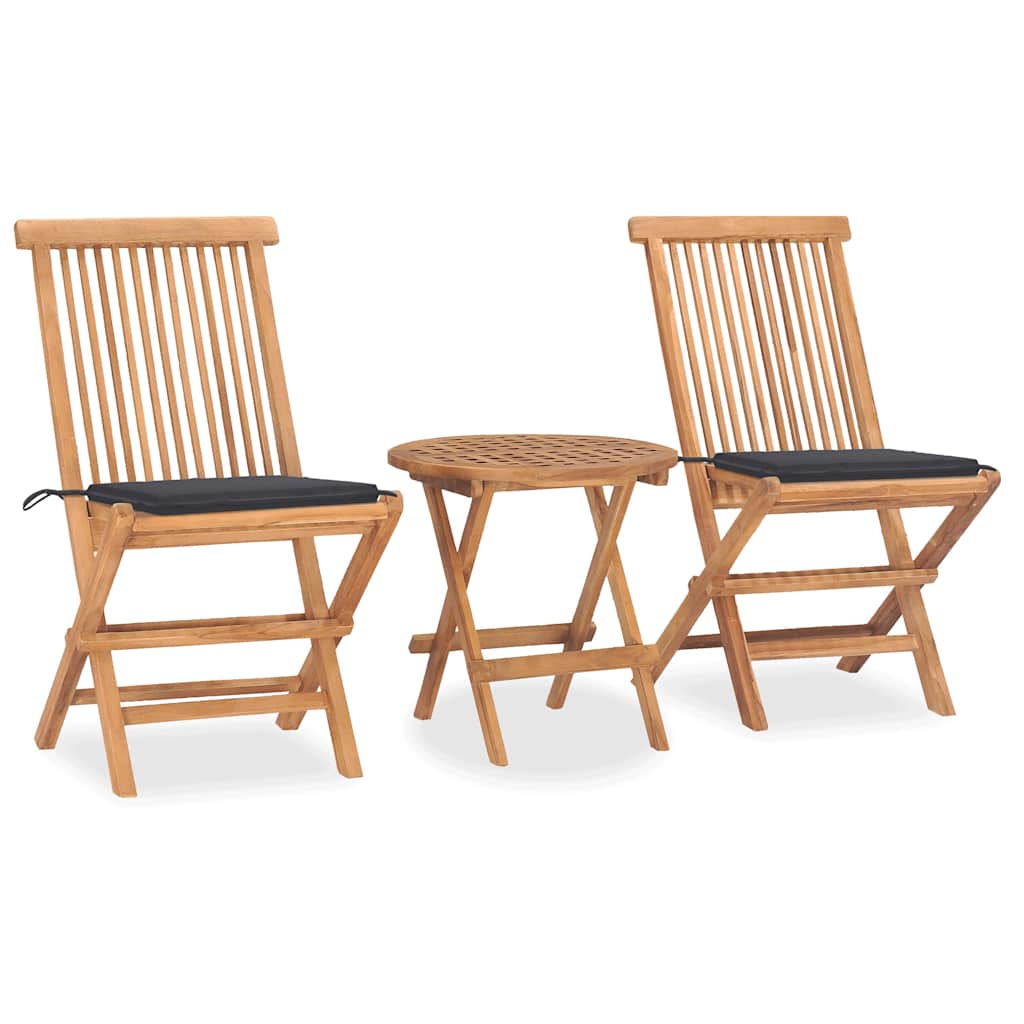 Set comedor de jardín plegable 3 piezas madera de teca cojines
