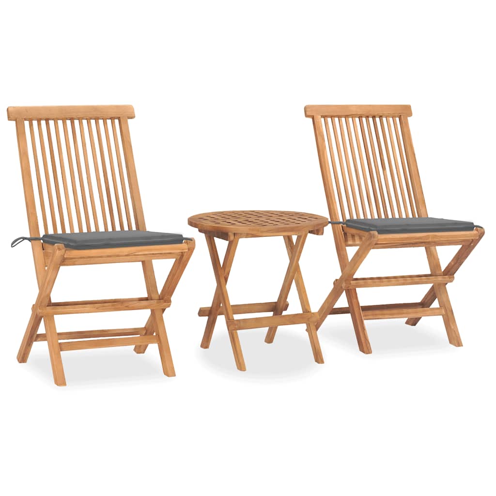 Conjunto de refeição de jardim dobrável 3 peças madeira de teca almofadas