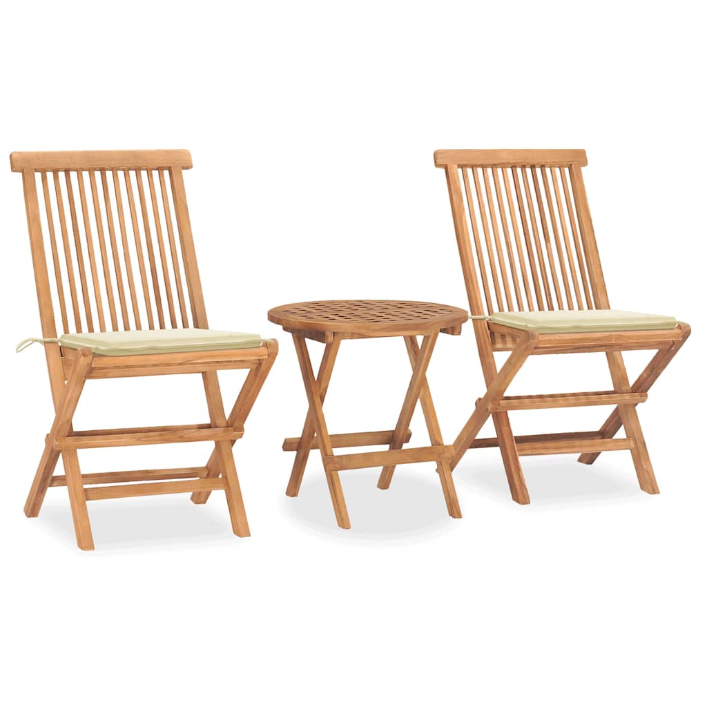 Conjunto de refeição de jardim dobrável 3 peças madeira de teca almofadas